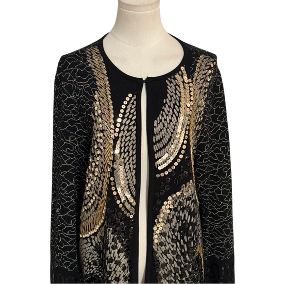 CHICO’S Augustine Sequin Artistic Black Gold Sweater Long Cardigan Size 2 L 12‎ - Picture 5 of 10